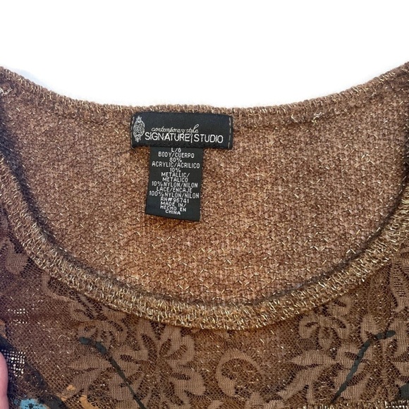 Multi-Media Butterfly Short Sleeve Metallic Detail Loose Weave Sweater Brown L - Picture 4 of 9